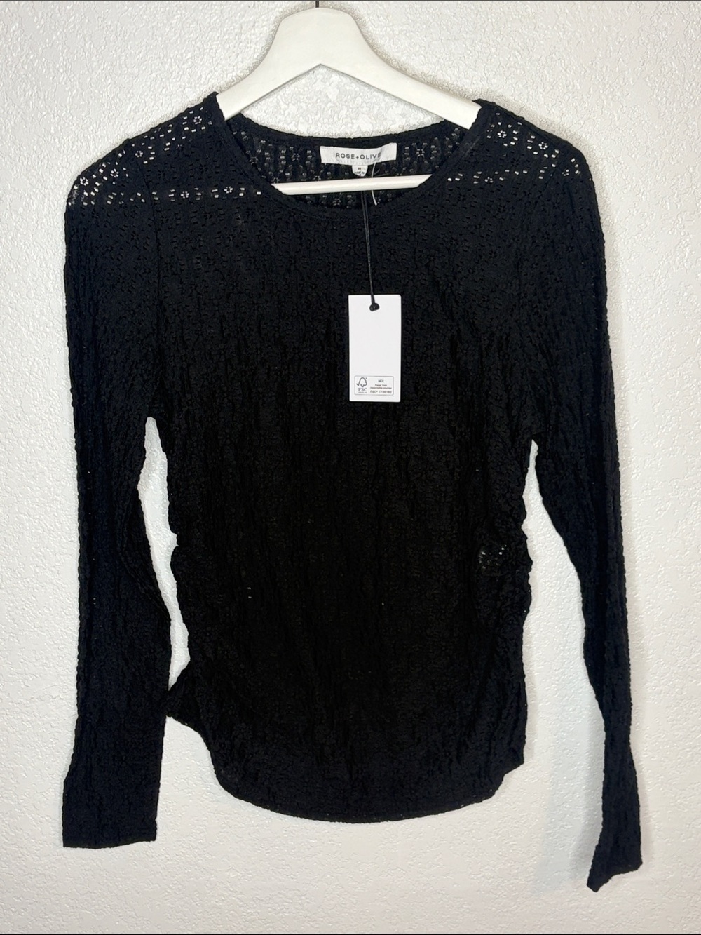 Rose + Olive Black Floral Lace Side Scrunch Long Sleeve Layering Top Size Medium